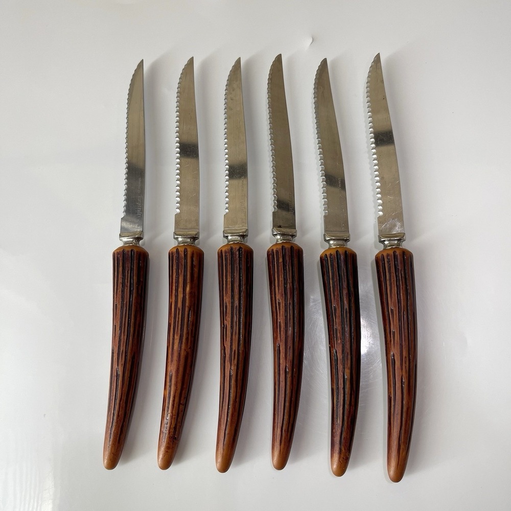 Vintage Stainless Forgecraft USA Steak Knives Set 6 Stag Faux Antler Handle MCM